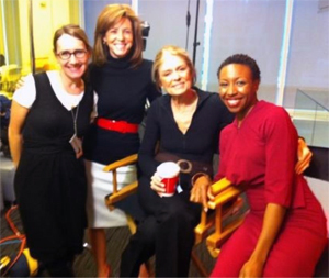 Lisa Kassenaar, Stephanie Ruhle, Gloria Steinem and Tiffany Dufu taping a Bloomberg interview.